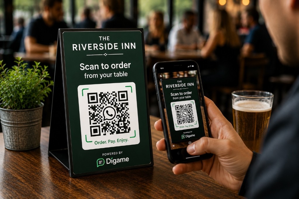 Scan to order with Digame Customer scanning a Digame QR code at a pub table