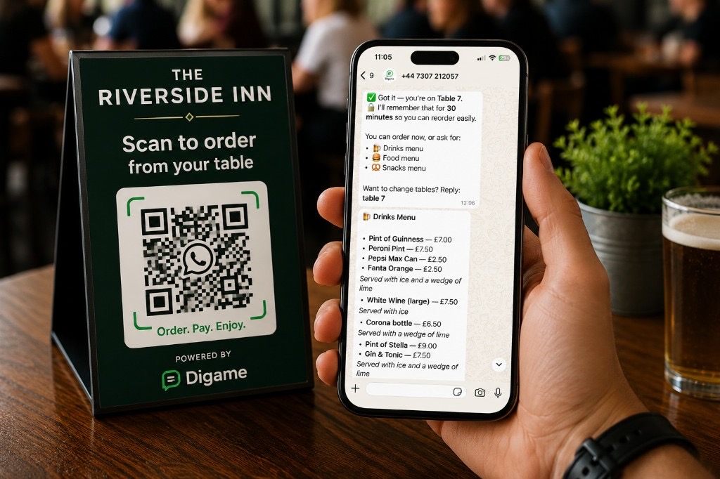 WhatsApp ordering with Digame Customer ordering drinks through Digame on WhatsApp