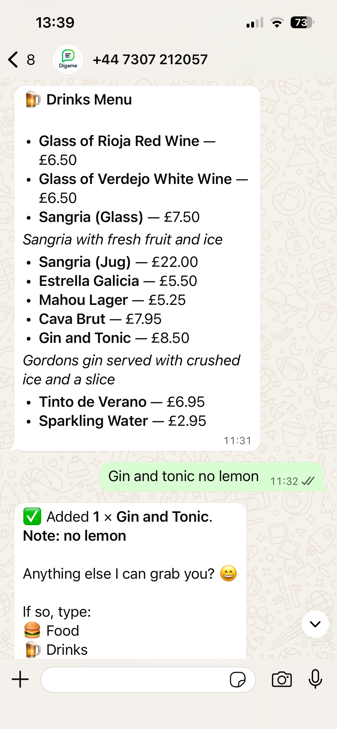 WhatsApp ordering with Digame Customer ordering drinks through Digame on WhatsApp